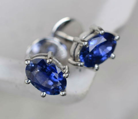 Natural Ceylon Oval Blue Sapphire 18K White Gold Earrings