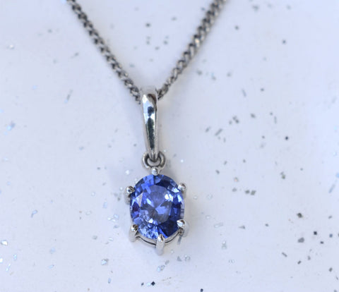 Natural Oval Ceylon Blue Sapphire 18K White Gold Pendant - in six prong setting