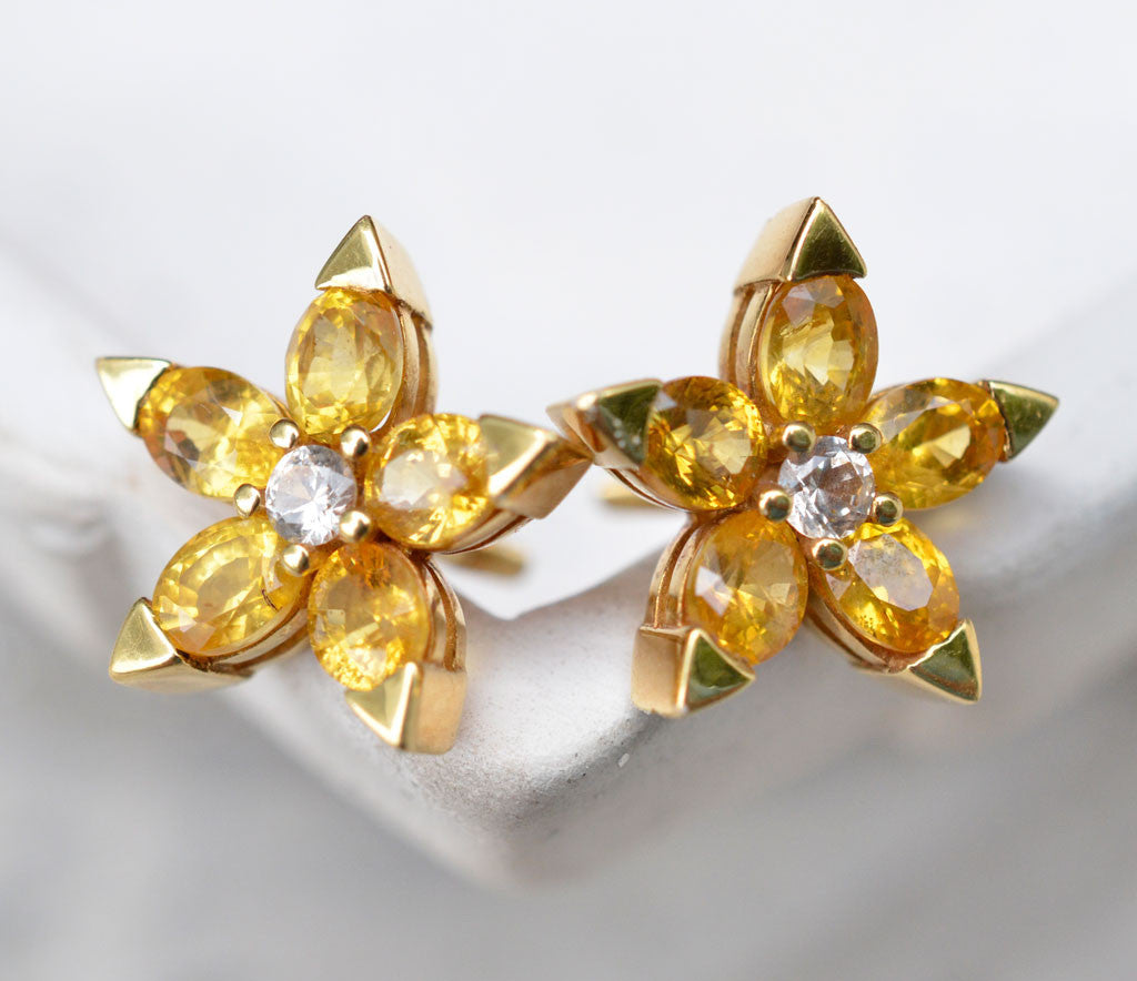 18K yellow gold flower shaped yellow sapphire earrings