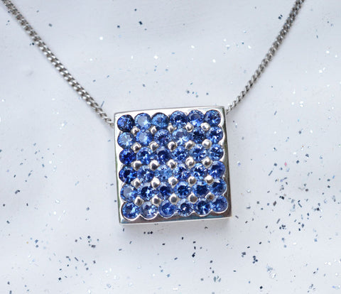 Ceylon Blue Sapphire Paved Square Pendant in 18K White Gold