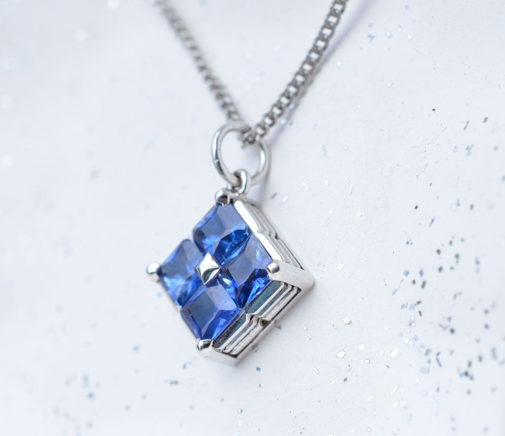 Small square sapphire pendant with princess cut Ceylon blue sapphires