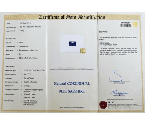 Rectangle Ceylon blue sapphire gemstone certificate