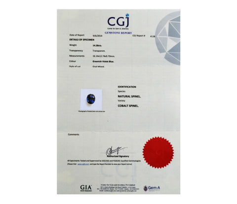Natural Cobalt Blue Spinel gemstone certificate from GIA