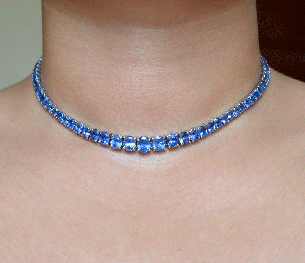 Oval Blue Sapphire Necklace in 18K White Gold Elizabeth Jewellers
