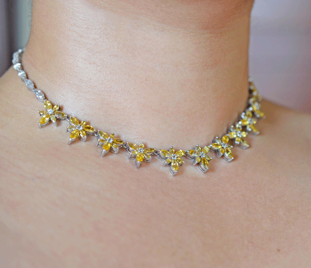 Yellow Sapphire Gemstone Necklace with Flower design in 18K White Gold Elizabeth Jewellers