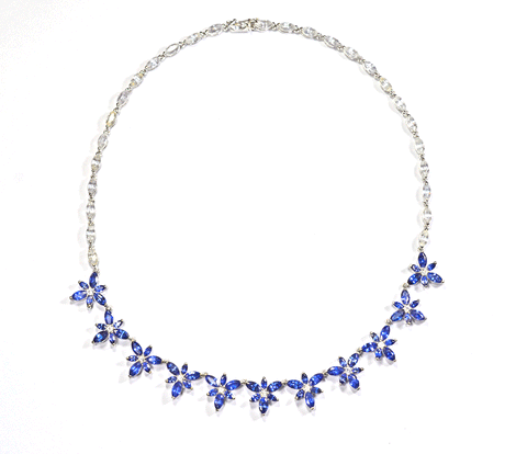 Blue Sapphire Gemstone Necklace with Flower design in 18K White Gold