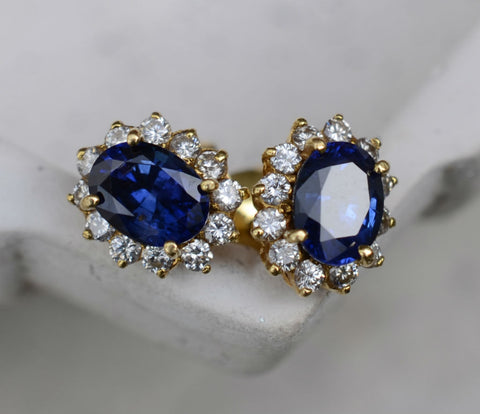 18K Yellow Gold Ceylon Blue Sapphire and Diamond Halo Eternity Earrings
