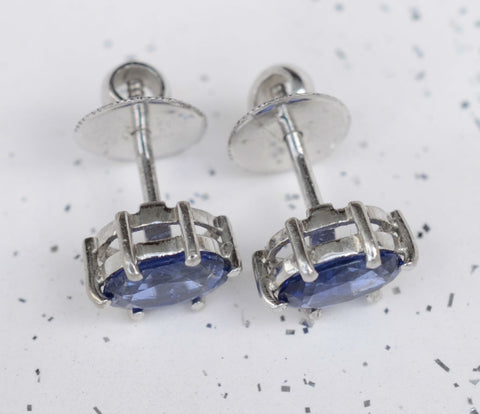 Oval Ceylon Blue Sapphire 18K white gold earrings available at Elizabeth Jewellers in Sri Lanka