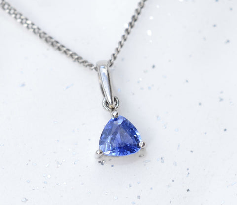 Natural Trilliant Ceylon blue sapphire pendant in 18K white gold available at Elizabeth Jewellers in Sri Lanka