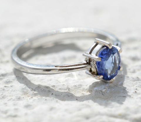 Natural Ceylon blue sapphire ring in 18K white gold available at Elizabeth Jewellers in Sri Lanka