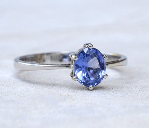 Natural Ceylon blue sapphire ring in 18K white gold available at Elizabeth Jewellers in Sri Lanka