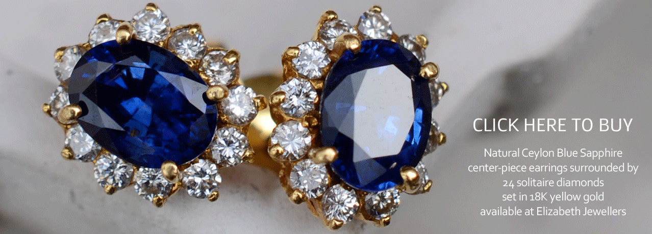 Natural Ceylon Blue Sapphire Earrings surrounded with Diamonds Available At Elizabeth Jewellers in Sri Lanka