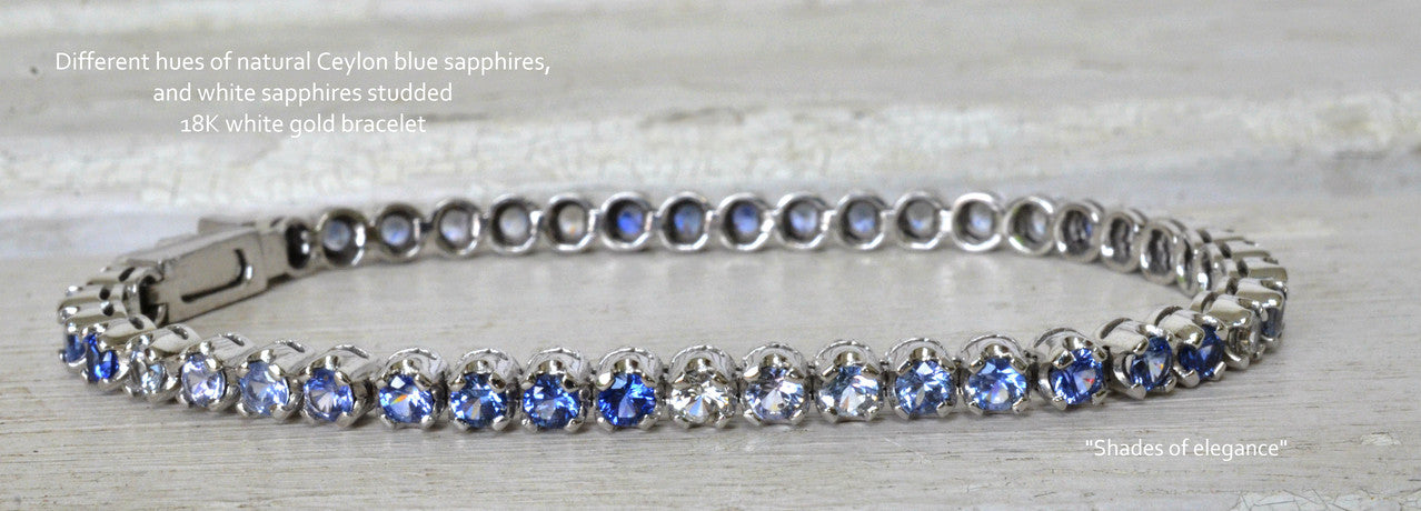 Single line sapphire bracelet with shades of natural Ceylon blue sapphires and white sapphires
